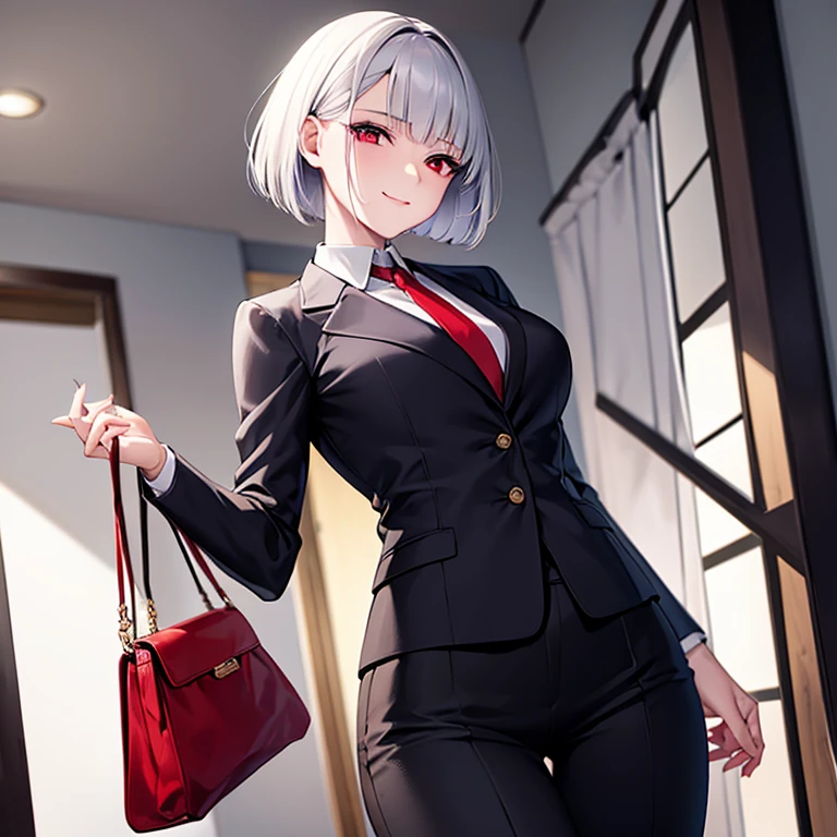 14 years old white lady, Japanese, silver short hair, red eyes, eyes are behind her forelock, calm smile and positive atmosphere , business suits without necktie , slender body, have a shoulder bag