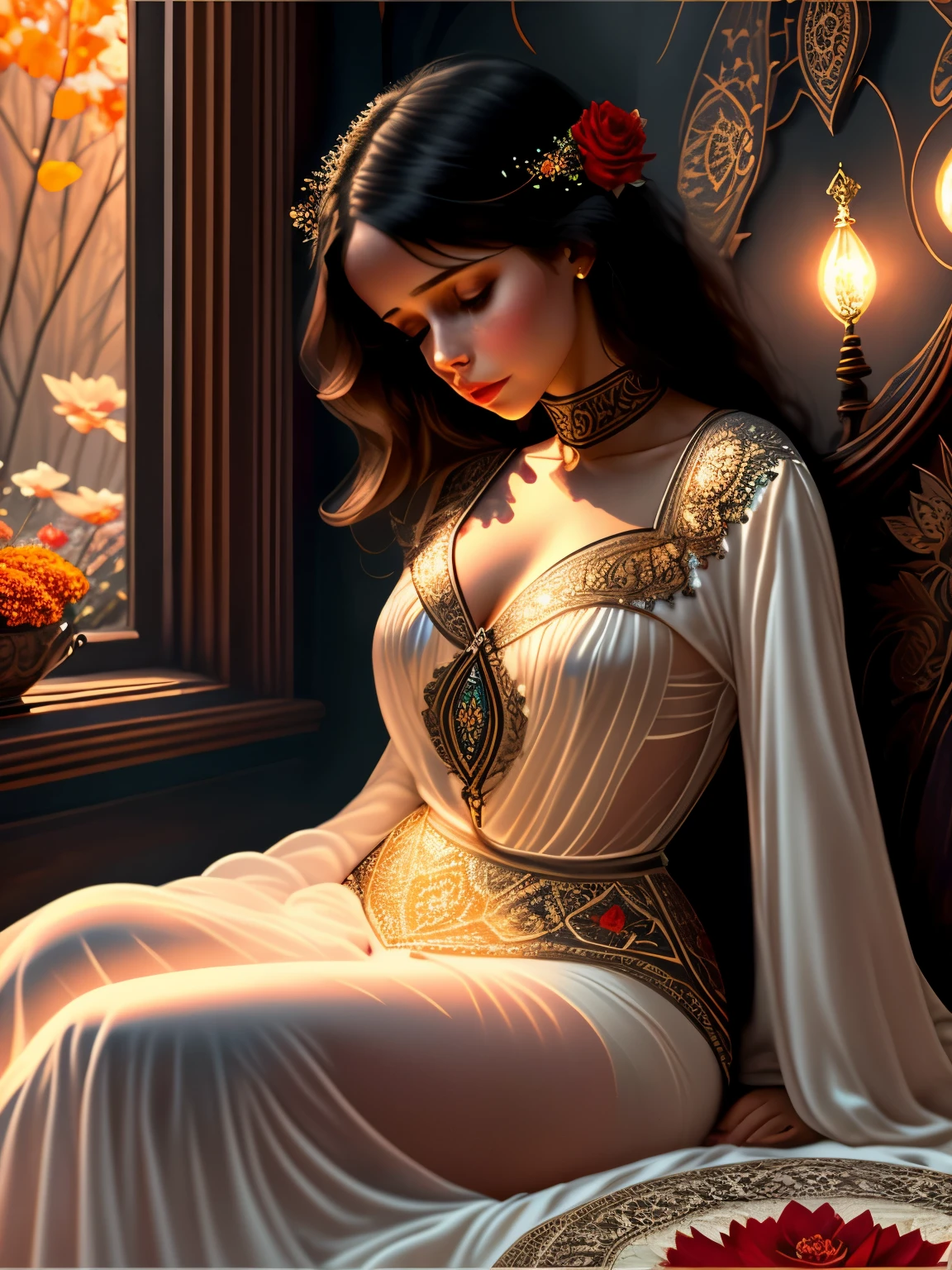 a painting of a red rose on a black background, amazing fantasy art, rich deep colours masterpiece, awe sublime, gold noble, kisses are wordless spells, dorne, wow it is beautiful, 3d intricate shapes, author unknown, by Penny Patricia Poppycock, very beautiful photo, beautiful avatar pictures, deep colour\'s, ad image, maroon red, (masterpiece), best quality, expressive eyes, perfect face, highly detailed, high resolution, beautiful, (masterpiece), best quality, expressive eyes, perfect face, 1 sexy girl in forest clothes, flowers, leaves, mandalas, fractal, Sleeping Beauty, by Bella🦋 full body, beautiful girl sleeping, room with mirror, girl sleeping in bed and sheets, old clock and lamp on the table, full body, black hair, transparent clothes, open legs, view of the pubic hair, 1 sexy girl in see-through forest clothes, exposed breasts, open see-through t-shirt, mandala and flower tattoos, best quality, masterpiece, illustration, very delicate and beautiful, highly detailed, CG, Unity, 8k wallpaper , ridiculous, huge file size, very wide lens, soft lighting, Sleeping Beauty, by Bella🦋 full body, beautiful sleeping girl, full body, black hair, transparent clothing, slight smile, legs open, pubic hair view, 1 girl sexy in transparent forest clothes, exposed breasts, open transparent t-shirt, tattoos of mandalas and flowers, transparent clothes, transparent clothes showing the naked body, beautiful vagina, vagina with soft hairs, closed eyes, Latin girl sitting on a bench park, girl sitting on a garden bench, oil painting, floating hourglass, ((hourglass in woman's hand)), latin tanned skin, full moon night sky, falling autumn leaves, autumn leaves in the wind, black and brown hair, long hair floating in the wind, girl looking at an hourglass, nsfw,(( Felicity Jones)), (sensual), (Extremely beautiful), (erotic:1.2), (sublime:1.0 ), (Extremely sensitive:1.0), (wise and understanding:1.2), (feminine:1.2), (intricate: 1.2), (masterpiece). ),Extremely detailed, hyper-