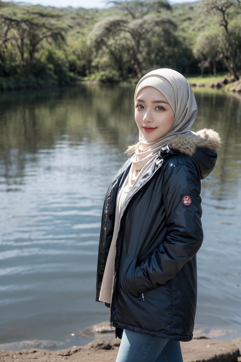 (Hijab:1.3), shy stance, smiling, very shy, (realistic photos of Hijab Korean female, slightly smile,expressive eyes,eye makeup, ((Lake Nakuru, Kenya background)) ,standing posture,confident attitude,Eye-Level Shot, slightly blurry background,UHD,masterpiece:1.2,highres,16k), long Jeans, black, (Parka-jacket:1.2), snow weather.