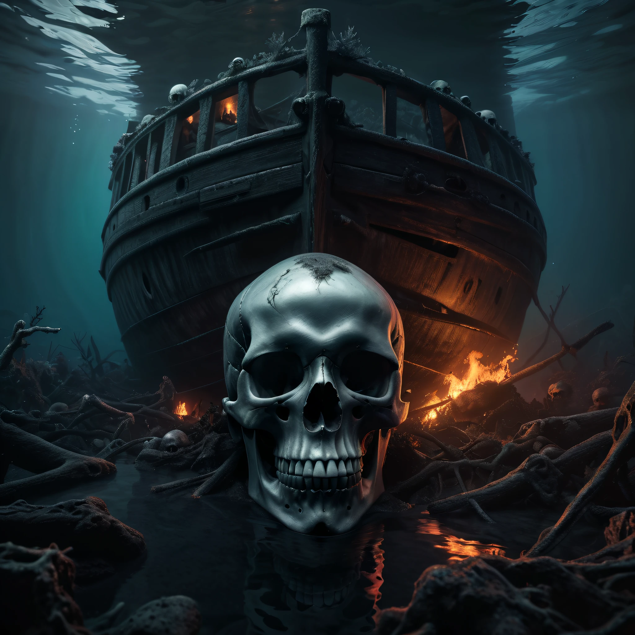 (Best Quality,8K resolution,High resolution, masutepiece:1.2), ultra-detailliert, Realistic Skull, detailed corpse, Dark Forest, Inside the ship that sank to the bottom of the ocean, fire, dark ilumination, Horror-themed, Monochrome color palette