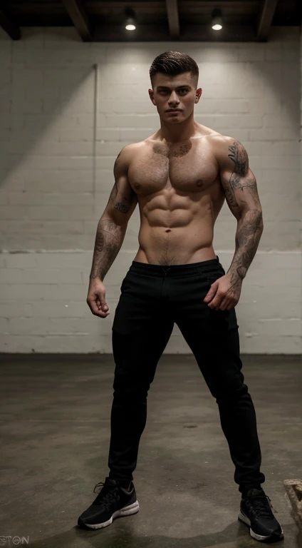 Harry Potter master combating, 18 years old, low taper fade haircut, black hair, intense green eyes rectos, intense gaze, affiliated features, small, straight nose,no facial hair, height 1.90, weight 96 kg, muscular build, broad shoulders, V-shaped body, tattoos in Arms , full body focus, completely hairless,