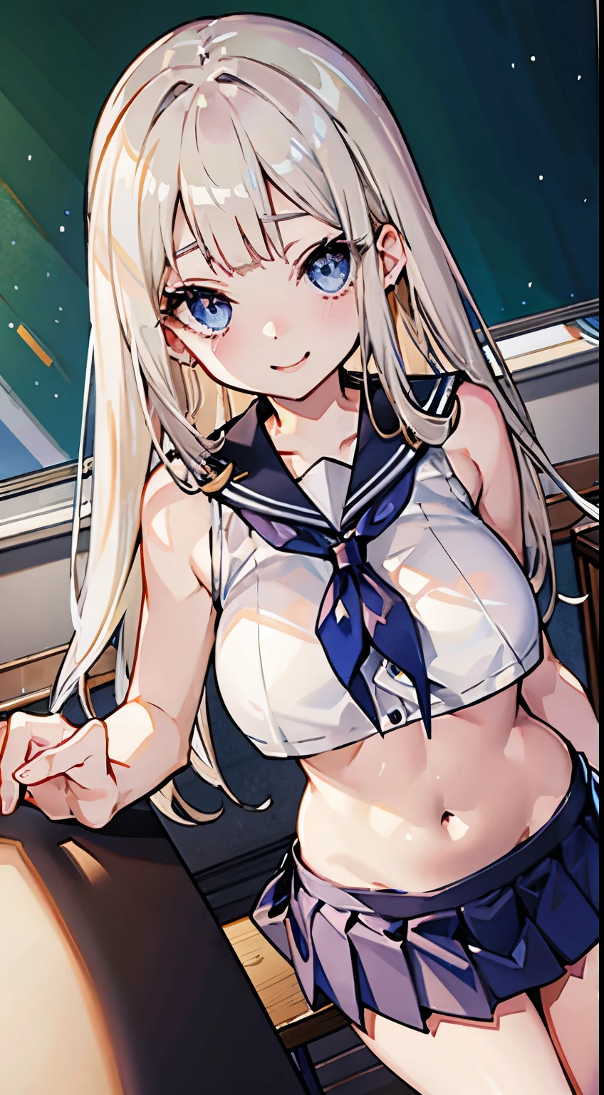 top-quality、realistic touch,high-detail、photoRealstic、thin-waist、captive beauty、big eye、solid platinum-blonde eyelashes、platinum-blonde、full body Esbian、Sparkling eyes、Submissive smile、Flushed cheeks、Kamimei、thin-waist、Voluptuous thighs、Enraptured look、Raked bangs、The forehead is protruding、In the classroom of the school、Random hairstyle、Navel look、She is in estrus、a sailor suit、cocky expression、Colossal tits、Super short skirt with V-line visible、Camera angle from below、Big breasts visible between uniform and stomach、Sleeveless