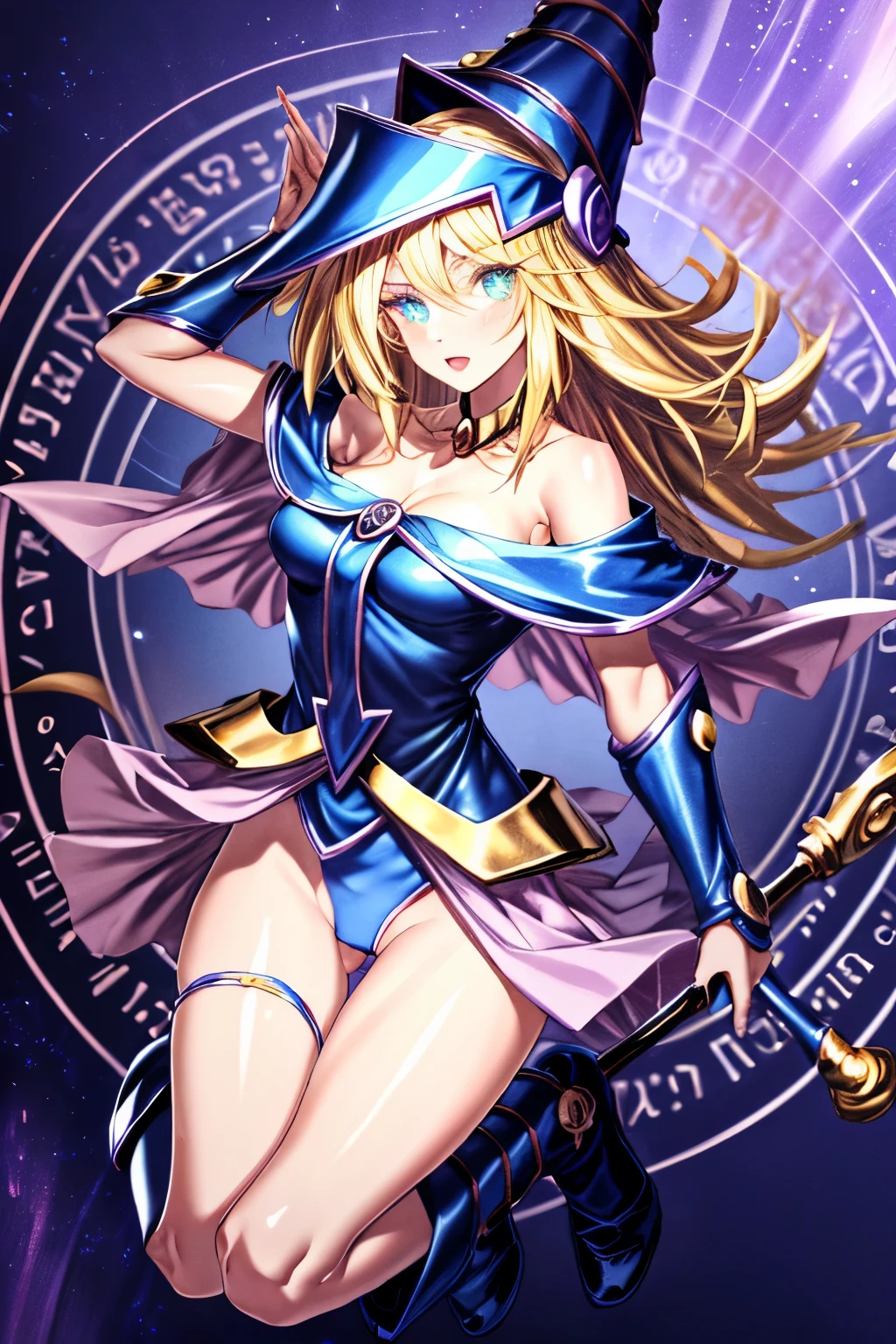 ultra-detailed, extremely detailed, masterpiece, highest quality, best quality, absurdres, highres, dark magician girl, (1girl:1.2), solo, detailed face, dynamic pose, hair flow, (full body:1.1),  blonde hair, long hair, looking at viewer, green eyes, skindentation, detailed skin, skin pores, (shiny skin, glossy skin:1.1), rosy skin details, breasts, nail polish, skirt, blue footwear, blue headwear, wizard hat, wand, holding hat, (blue panties:0.9), (summoning circle:1.1), hexagram, pentacle, pentagram, yu-gi-oh!, duel monster, purple magic field, glow, detailed background, intricate background,