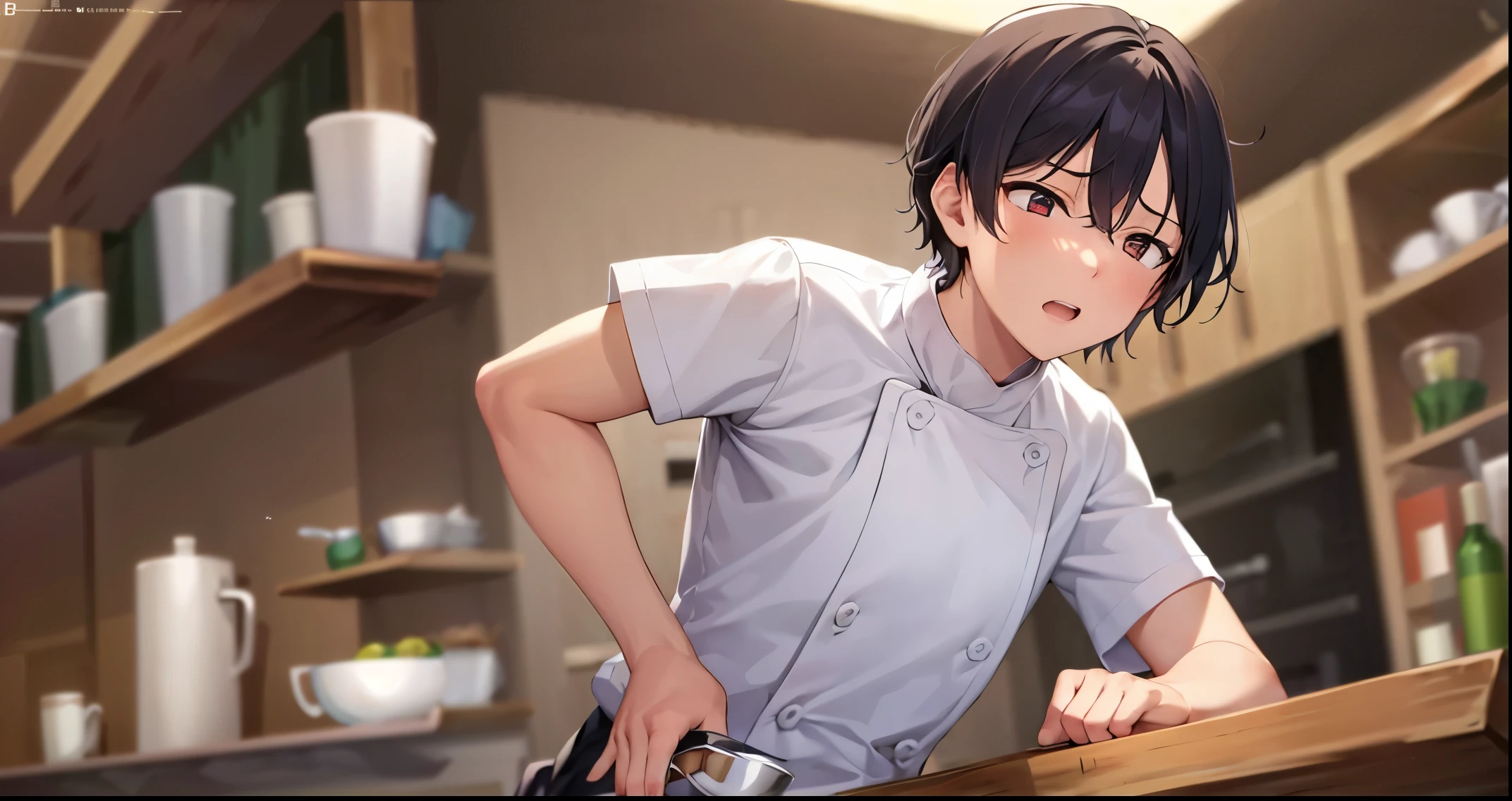 The background is the kitchen、tableware、shelves