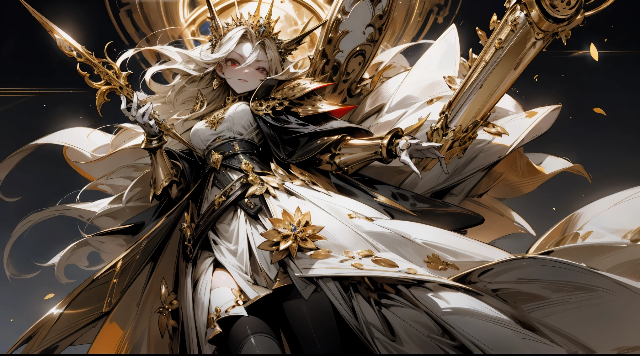 ((tmasterpiece:1.4, Best quality at best))+, (hyper-detailing)+, (exquisite red eye:1.5)+, (Detailed ears:1.5), (offcial dress:1.5),(White stockings:1.5), red shawl, Long hair details,Golden Crown,(White flowers:1.2), pale-skinned, (black cloth:1.5), (gold earring:1.5),(queen:1.1), The huge mechanical armor behind,White statue,decoration of gold,Gold belt,Gold bracelet,Golden scepter,(dawn light:1.2), (closeup cleavage:1.1), the only person, Shiny blonde hair, Gloom (Expressing the), from below, Best quality at best, A high resolution, high detal, high high quality, 16k
