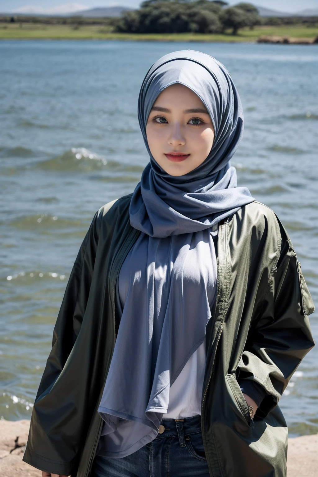 (Hijab:1.3), shy stance, smiling, very shy, (realistic photos of Hijab Korean female, slightly smile,expressive eyes,eye makeup, ((Lake Nakuru, Kenya background)) ,standing posture,confident attitude,Eye-Level Shot, slightly blurry background,UHD,masterpiece:1.2,highres,16k), long Jeans, black, (Parka-jacket:1.2), snow weather.