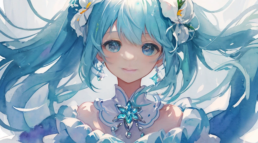 (watercolor paiting: 1.2), top-quality, illustratio, bloo, Platinum Earrings, Platinum Necklace, white dres, 1 Hatsune Miku, cute little, a closed mouth、a smile(Dynamic lighting:1.2), lighting like a movie, delicated facial features, A detailed eye, Sharp pupils, Realistic pupils,depth of fields, bokeh dof, foco nítido, (ultra-detailliert, bloom, Glow:1.4), Many Small Gems、side lights
