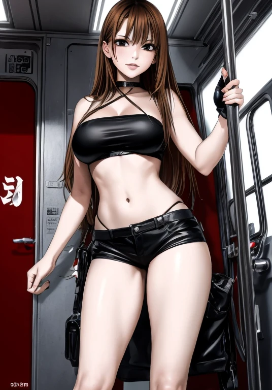 A beautiful woman with long, shoulder-length hair, big breasts, beautiful legs, and a sharp face is standing on a train wearing a black tube top that exposes her navel and hot pants shaped like panties.。