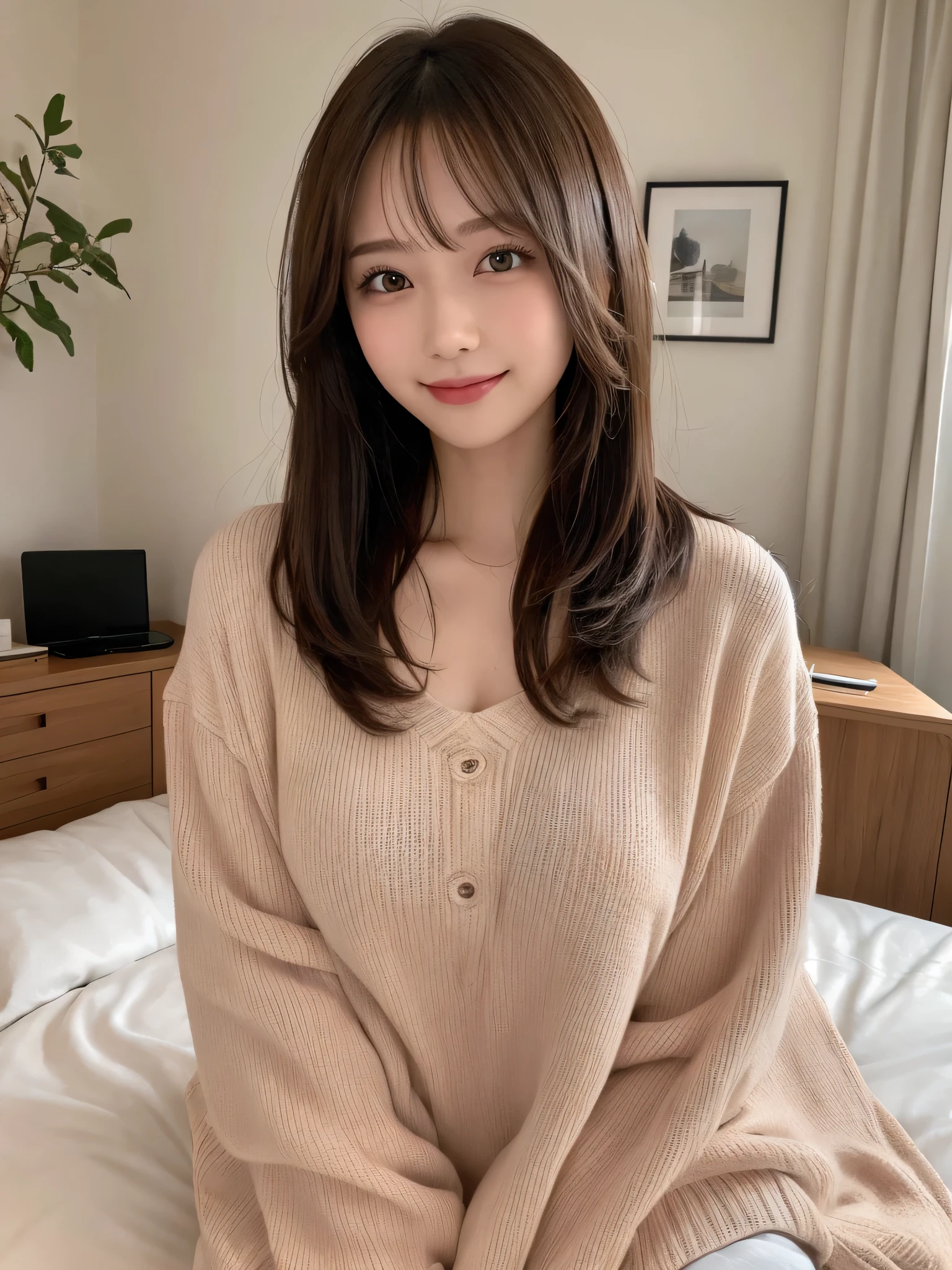 1girl in,sofa,cross one's legs,Soft light、Will、japanes、Sauce order、Brown Straight Long Straight、Beige knitwear、鎖骨