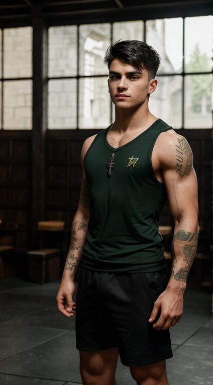 Harry Potter master warrior, 18 years old, low taper fade haircut, black hair, intense green eyes rectos, intense gaze, affiliated features, small, straight nose,no facial hair, height 1.90, weight 96 kg, muscular build, broad shoulders, V-shaped body, tattoos in Arms , full body focus, completely hairless,