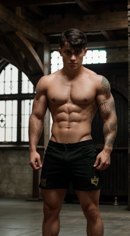 Harry Potter master warrior, 18 years old, low taper fade haircut, black hair, intense green eyes rectos, intense gaze, affiliated features, small, straight nose,no facial hair, height 1.90, weight 96 kg, muscular build, broad shoulders, V-shaped body, tattoos in Arms , full body focus, completely hairless,