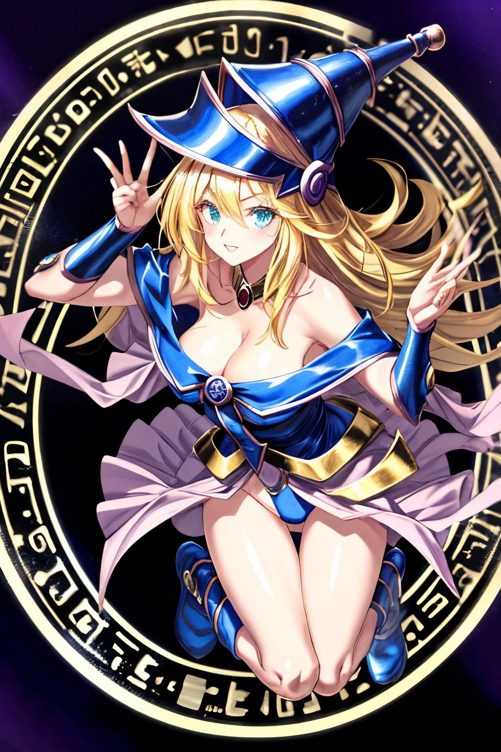 ultra-detailed, extremely detailed, masterpiece, highest quality, best quality, absurdres, highres, dark magician girl, (1girl:1.2), solo, detailed face, dynamic pose, hair flow, (full body:1.1),  blonde hair, long hair, looking at viewer, green eyes, skindentation, detailed skin, skin pores, (shiny skin, glossy skin:1.1), rosy skin details, breasts, nail polish, skirt, blue footwear, blue headwear, wizard hat, wand, holding hat, (blue panties:0.9), (summoning circle:1.1), hexagram, pentacle, pentagram, yu-gi-oh!, duel monster, purple magic field, glow, detailed background, intricate background,