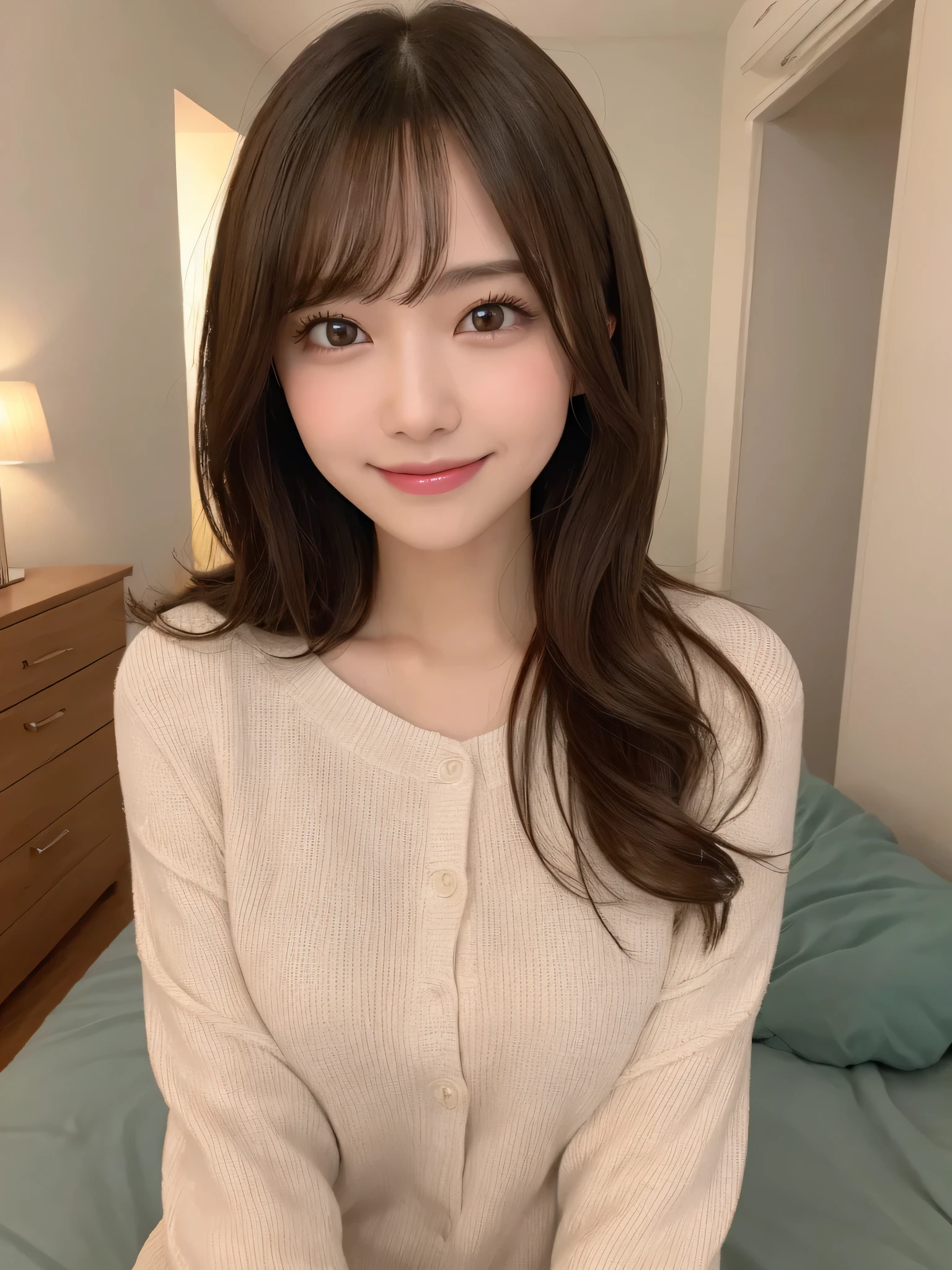 masutepiece, Best Quality, Illustration, Ultra-detailed, finely detail, hight resolution, 8K Wallpaper, Perfect dynamic composition, Beautiful detailed eyes, doress,Medium Hair, mid-chest, Natural Color Lip, Random and sexy poses,Smile,a room(Blur the background),20 years girl,Cute,Winter clothes,bed room,sexy nude model,
