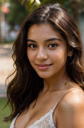 Valeria, a 20 year old girl, Latina with lively eyes and wavy dark brown hair, Her cinnamon skin glows with radiant energy and her brown eyes With a graceful stature and a contagious smile. Ella esta acostada boca abajo