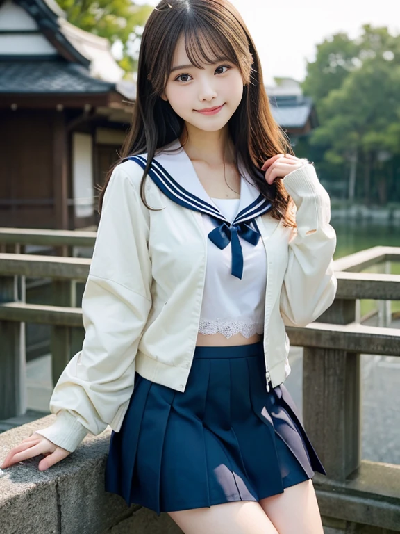 masterpiece、top-quality、ultra-detailliert、illustratio、inky、Beautiful fece詳細な顔、intricate-detail、hight resolution、Detailed light、独奏、sunlight、1人、japanes、feminine、gentle face、Slimed、Small breasts、High school students、a sailor suit、summer clothing、Lace underwear under a slightly exposed jacket、a short skirt、cleavage of the breast、kindly smile、knee sox、Beautiful fece、A dark-haired、blurry backround、Pretty face、tied hair