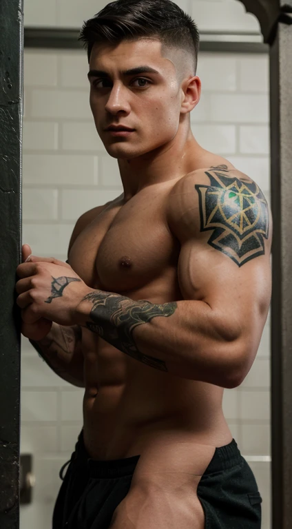 Harry Potter master fighter, 18 years old, low taper fade haircut, black hair, intense green eyes rectos, intense gaze, affiliated features, small, straight nose,no facial hair, height 1.90, weight 96 kg, muscular build, broad shoulders, V-shaped body, tattoos in Arms , full body focus, completely hairless,