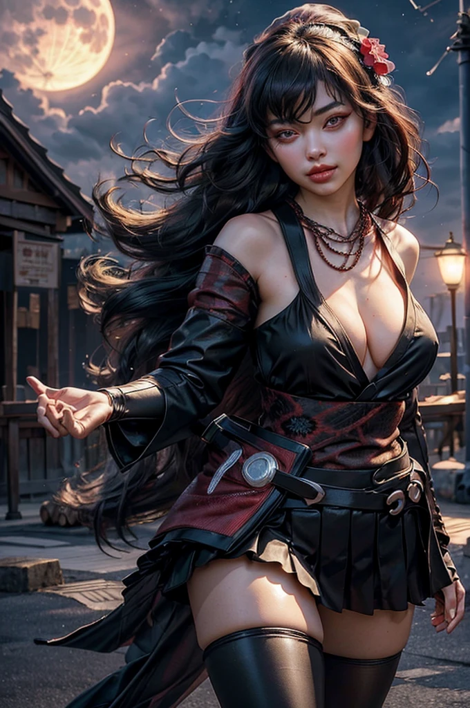 stunning girlfriend, (standing:1.1), dynamic pose, heart shaped face, elegant face, beautiful face, highly detailed face, highly detailed skin, skin pores, subsurface scattering, realistic pupils, loving smile, looking at viewer, full face blush, full lips, detailed background, depth of field, atmospheric perspective, volumetric lighting, sharp focus, absurdres, realistic proportions, good anatomy, (realistic, hyperrealistic:1.4), 16k hdr, 1girl, architecture, bangs, black_hair, black_kimono, breasts, east_asian_architecture, flower, full_moon, hair_between_eyes, hair_flower, hair_ornament, japanese_clothes, kimono, long_hair, looking_at_viewer, moon, moonlight, multicolored_hair, night, night_sky, obi, red_eyes, red_hair, sash, sky, solo, thighhighs