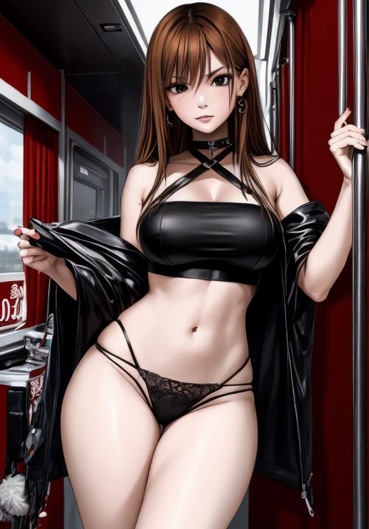 A beautiful woman with long, shoulder-length hair, big breasts, beautiful legs, and a sharp face stands glaring at a middle-aged man in a suit on a train wearing a black tube top that exposes her navel and black panty-like hot pants.。