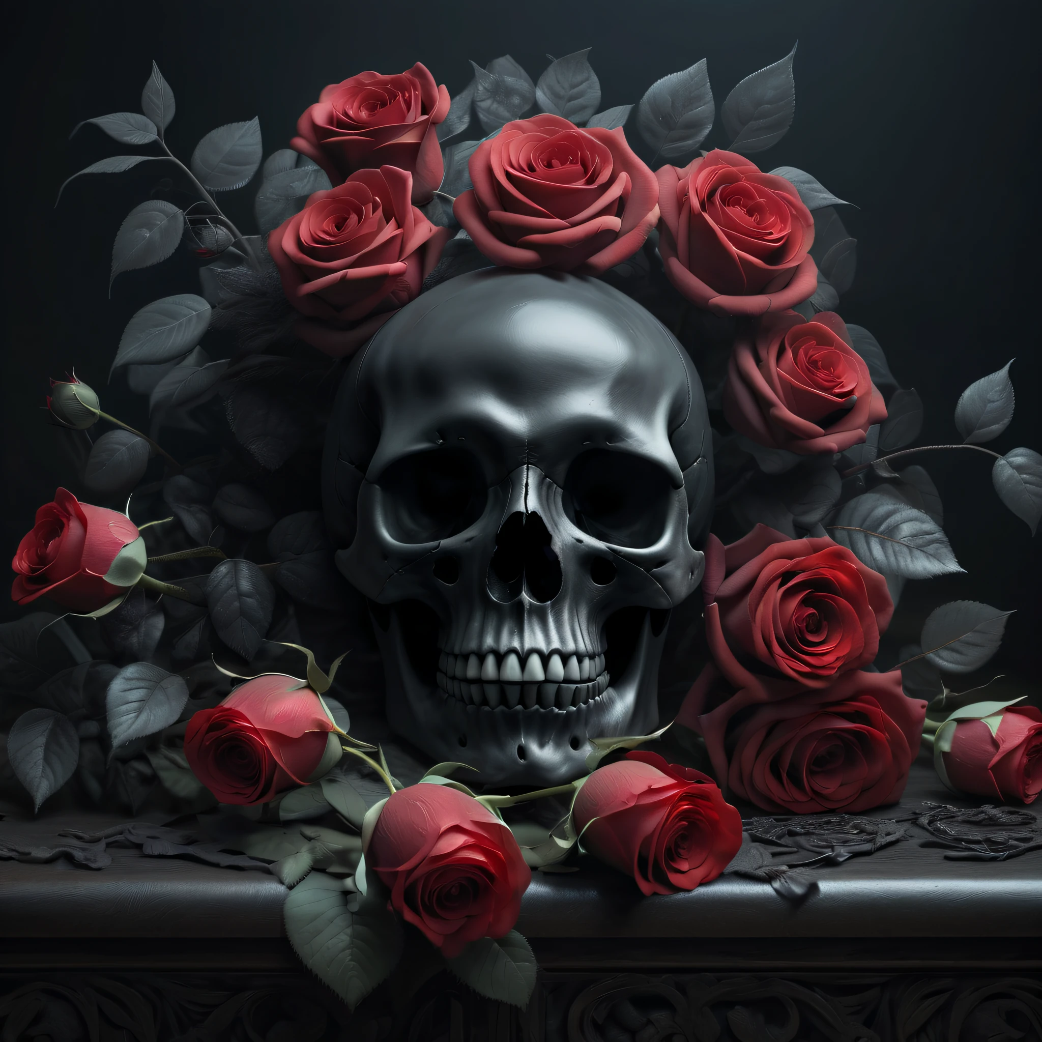 (Best Quality,8K resolution,High resolution,masutepiece:1.2),Ultra-detailed,realistic black skull,detailed ??????,Bouquet of roses,dark background with altar,melancholy lighting,Horror-themed,Solid color palette