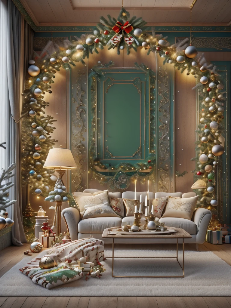 ultra real photo， tmasterpiece， Best quality， ultra - detailed， 超高分辨率， RAW photos，(Christmas living room)，(圣诞豪华Decorative style)，A fusion of gorgeous Christmas elements and symmetry，落地窗充满温暖的圣诞lamplight。Beautiful Christmas furniture is placed in the center，Includes comfortable Christmas style sofa and chairs，Mild color。(Huge Christmas artwork hanging on the wall)，old color，(Christmas unique style)。(墙壁Decorative style以圣诞元素Decorative style，The fireplace is warm、Lanterns hanging on the stairs、Colorful gifts wrapped under the Christmas tree、The floor is piled with gifts、wooden floor、Decorative style的松树、镶wooden floor、Manta ray and green、Christmas atmosphere、传统的Christmas atmosphere、Merry Christmas、gift tags、Christmas wreath、Decorative style、metal ribbon、Christmas tree lights、Candy and Snacks，Gingerbread Man，lamplight)，Complements the mirror wall，Broaden the sense of space。(Ornate ceiling design with Christmas elements，悬挂的圣诞彩灯Decorative style让房间充满温暖, Soft lighting)。European Christmas style living room，ultra real photo，Extremely detailed and highest quality CG Unity 8K wallpapers, sn