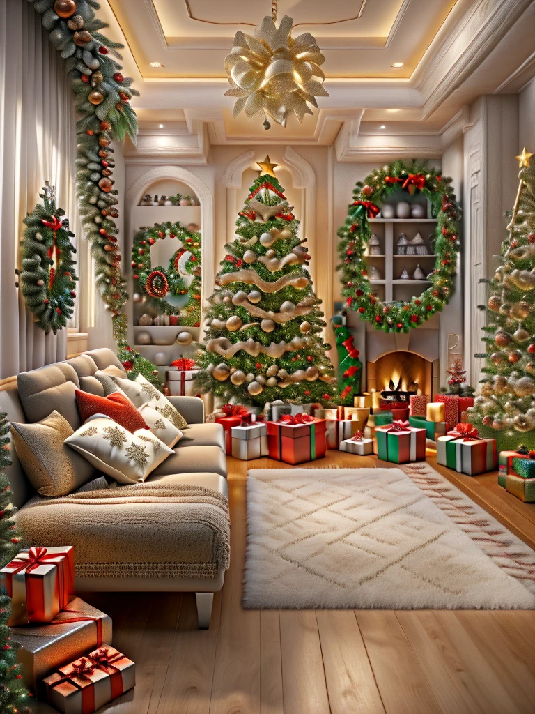 ultra real photo， tmasterpiece， Best quality， ultra - detailed， 超高分辨率， RAW photos，(Christmas living room)，(圣诞豪华Decorative style)，A fusion of gorgeous Christmas elements and symmetry，落地窗充满温暖的圣诞lamplight。Beautiful Christmas furniture is placed in the center，Includes comfortable Christmas style sofa and chairs，Mild color。(Huge Christmas artwork hanging on the wall)，old color，(Christmas unique style)。(墙壁Decorative style以圣诞元素Decorative style，The fireplace is warm、Lanterns hanging on the stairs、Colorful gifts wrapped under the Christmas tree、The floor is piled with gifts、wooden floor、Decorative style的松树、镶wooden floor、Manta ray and green、Christmas atmosphere、传统的Christmas atmosphere、Merry Christmas、gift tags、Christmas wreath、Decorative style、metal ribbon、Christmas tree lights、Candy and Snacks，Gingerbread Man，lamplight)，Complements the mirror wall，Broaden the sense of space。(Ornate ceiling design with Christmas elements，悬挂的圣诞彩灯Decorative style让房间充满温暖, Soft lighting)。European Christmas style living room，ultra real photo，Extremely detailed and highest quality CG Unity 8K wallpapers, sn