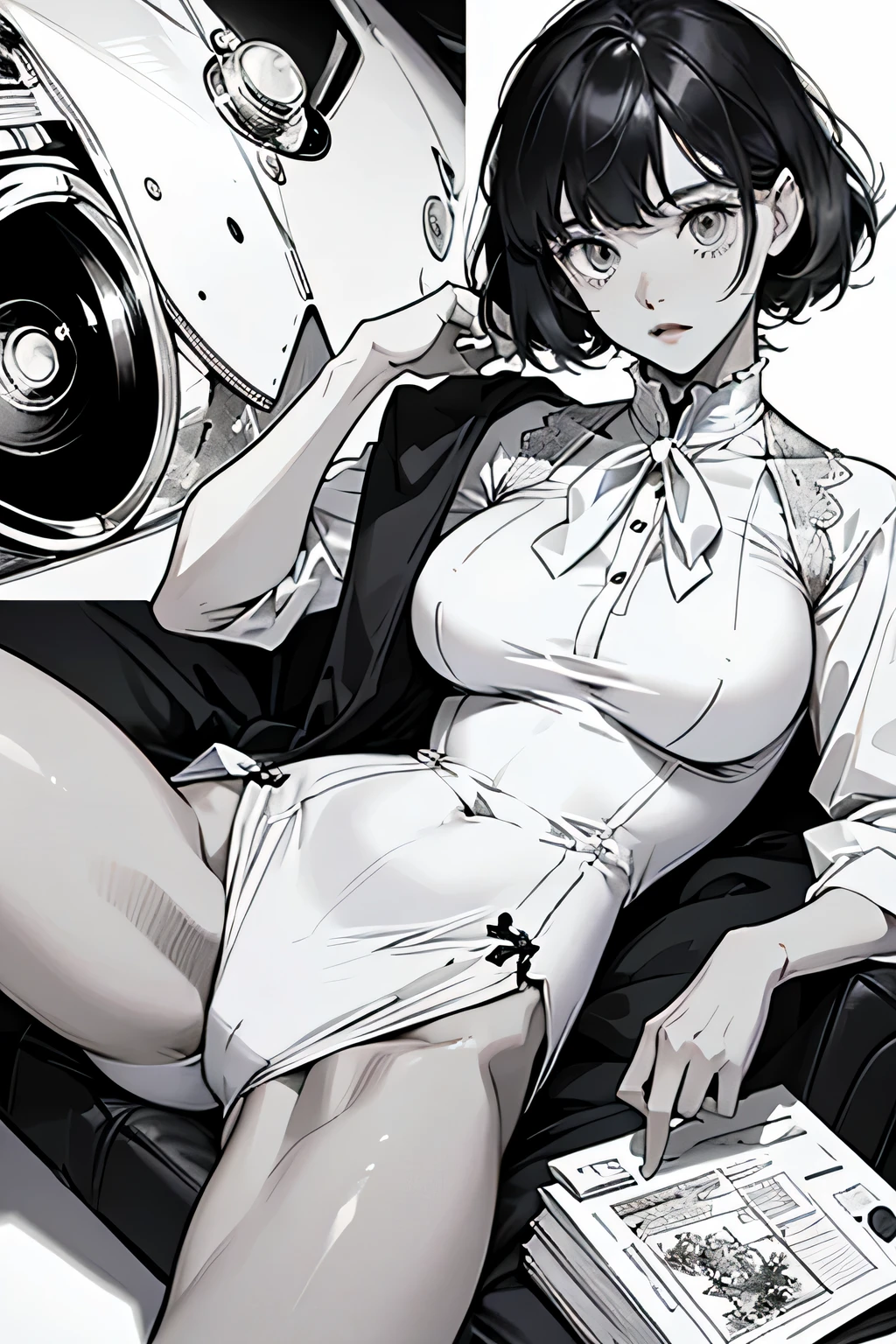 line-drawing, comic strip, monochromes, illustratio, 1girl in, masutepiece, Best Quality, Super Detail