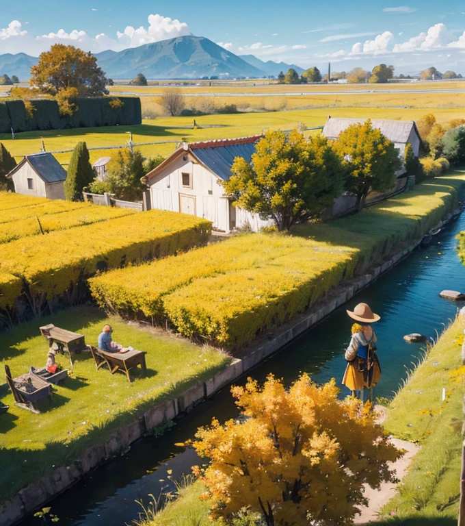 A fantasy world, graphic detail, orange and yellow trees, colossal wall on the horizon, medieval, adolscent campers, young archer on forefront,