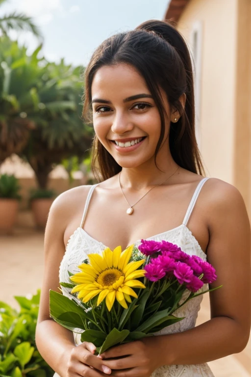 mulher sorrindo feliz olhando uma flor