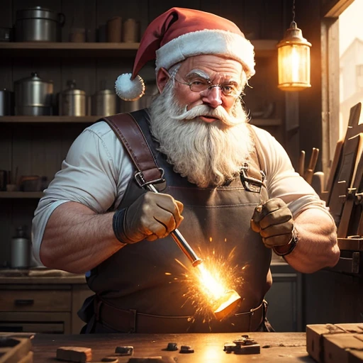 Imagine an unconventional Santa Claus, despojando-se de seus deveres habituais de distribuir presentes, e em vez disso, he is found in an unexpected location - a locksmith shop. Surprisingly at ease in this harsh, dusty environment, her warm smile offers a vivid contrast to the industrial background.

The locksmith shop itself is a tapestry of tools and metals. The walls are lined with shelves that hold an arsenal of hammers., pliers and wrenches of various sizes, all used with the proficiency of an experienced craftsman. Papai Noel, com um avental de couro para se proteger das fagulhas e calor, parece um verdadeiro ferreiro. Sua barba branca, imaculada, is meticulously tied, to avoid any accidents with machines and work in flames.

There&#39;s a forge in the corner, emanating an orange glow that casts a fantastic radiance over metallic surfaces and illuminates Santa Claus&#39;s laughing face. He holds a hammer tightly in one hand, enquanto com a outra, he deftly handles a piece of incandescent metal, Readily to be transformed into an artistic piece or perhaps a special toy.

The environment is filled with the characteristic sounds of a metalworks - the clang of metal hitting metal, the hum of machines, e o crepitar da fornalha. Apesar disso, the atmosphere is strangely cozy and festive, and Santa Claus appears to be celebrating his own version of the season, creating with your hands, not merely distributing from the heart.