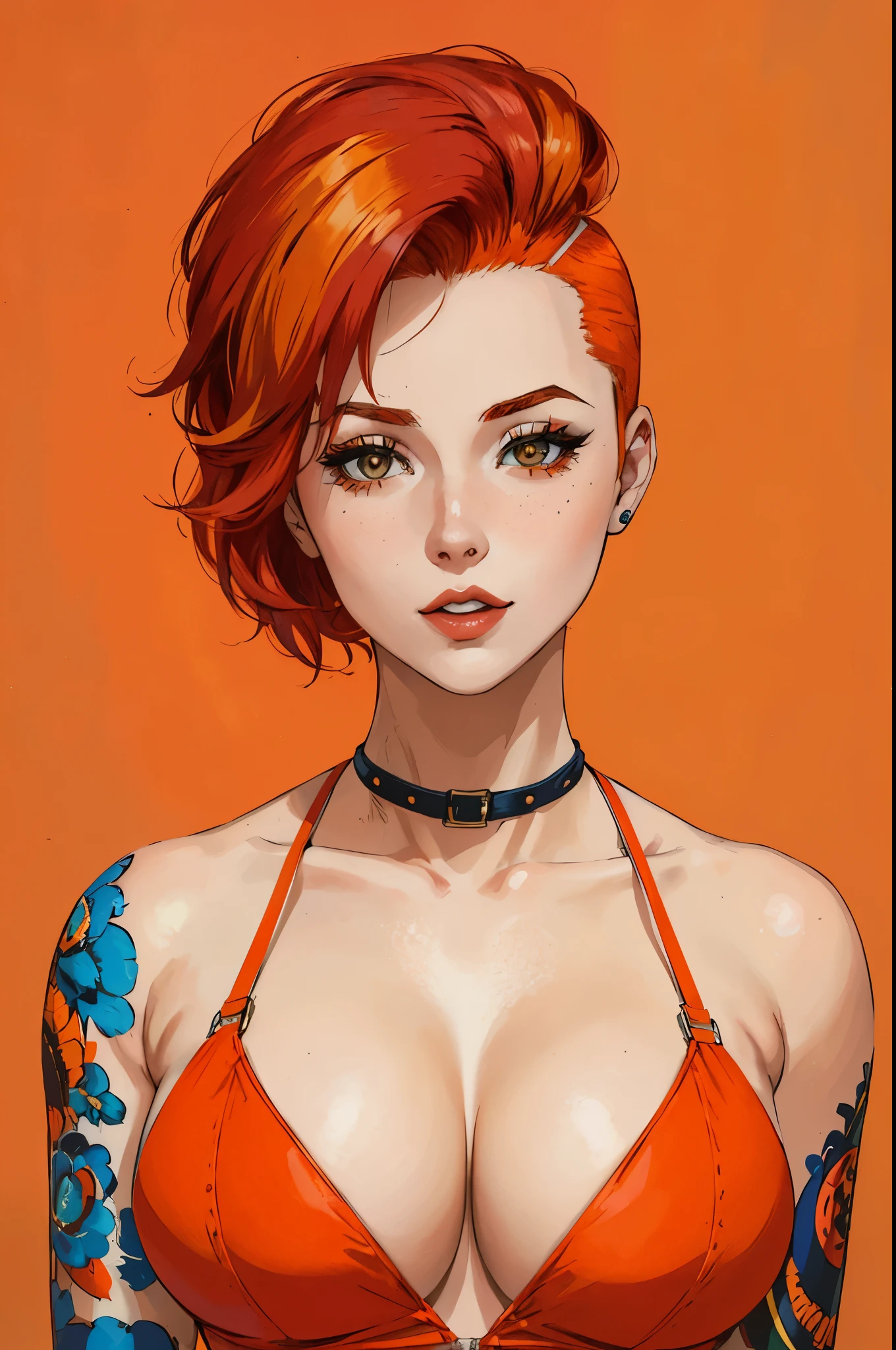 22 year old woman, 1girl, cleavage, comics style, analog style, illustration, lineart, portrait of woman by Flora Borsi, style by Flora Borsi, bold, bright colours, orange Mohawk haircut, ((Flora Borsi))