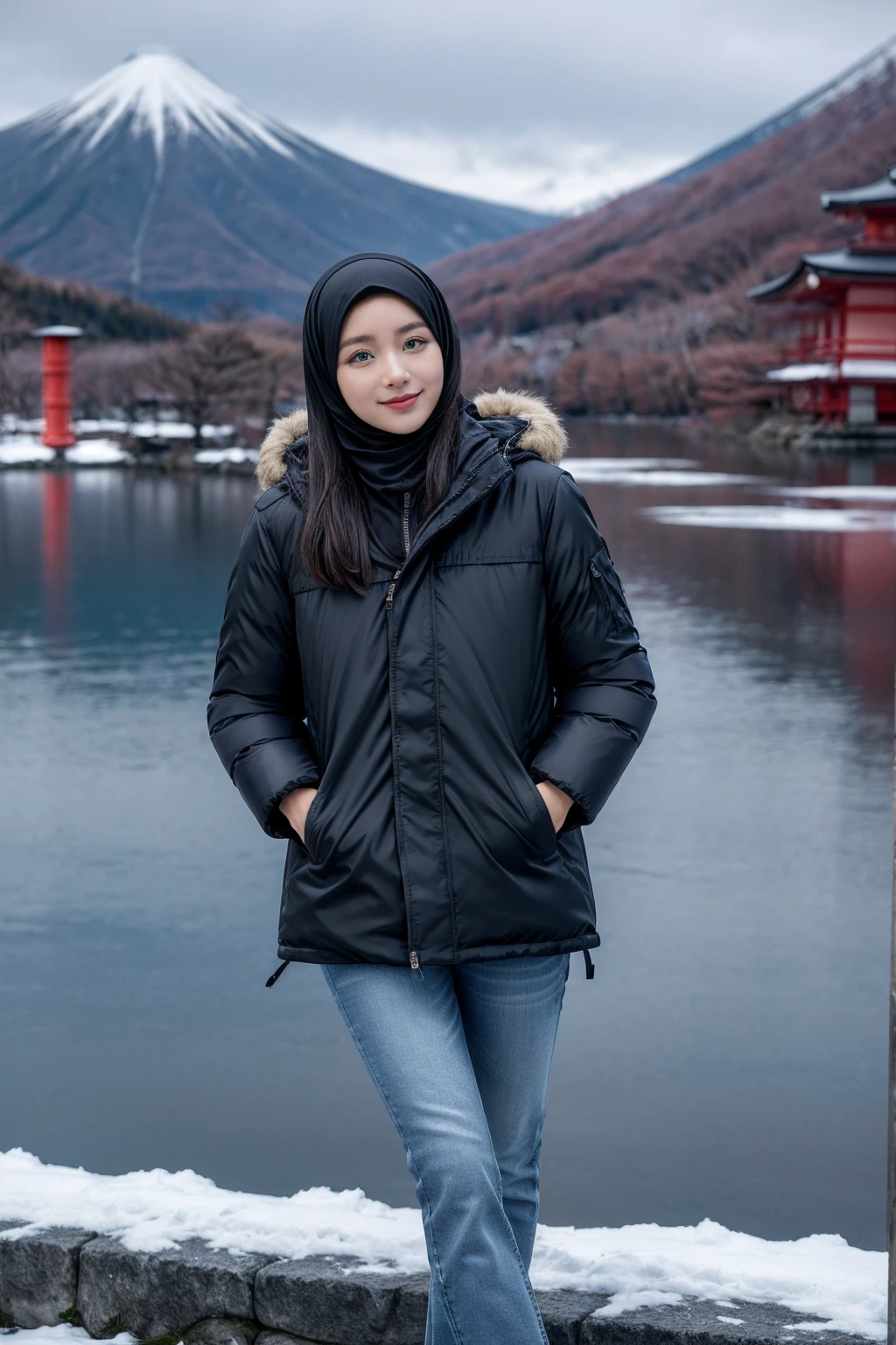 (Hijab:1.3), shy stance, smiling, very shy, ((Midnight, Best Quality, 8K, Masterpiece :1.3)), Full Body, (realistic photos of Hijab Korean female, slightly smile,expressive eyes,eye makeup, ((Lake Kawaguchiko, Japan background)) ,standing posture,confident attitude,Eye-Level Shot, slightly blurry background,UHD,masterpiece:1.2,highres,16k), long Jeans, black, (Parka-jacket:1.2), snow weather.