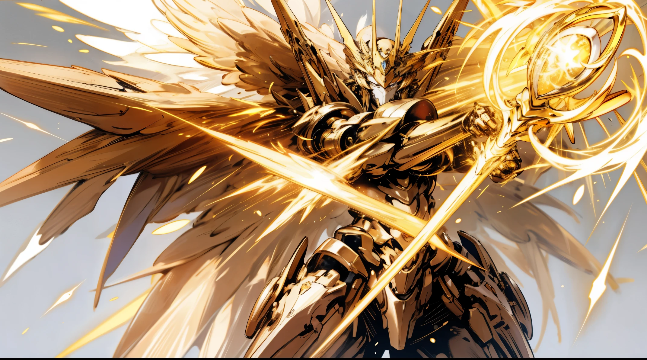 Best quality at best, A high resolution, high detal, high high quality, 16k,A huge golden mecha holding a golden scepter,Golden wings behind the back,gold aura,