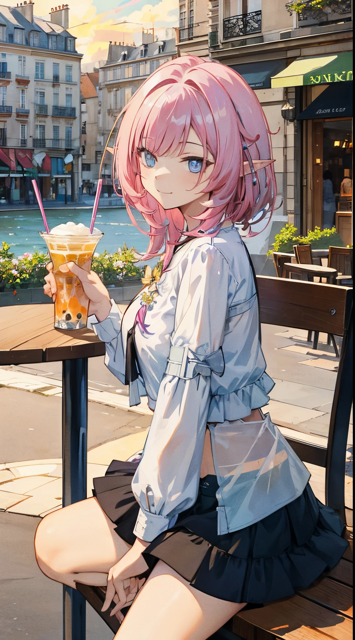 Masterpiece, best qualiy, resolution 4k,Sitting at a cafe table, classic city background, drinking Boba, Paris location, girl, shy face, smile, pink hair, elf ears, Flower accessories above the right ear, casual clothes, short clothes, short skirts
