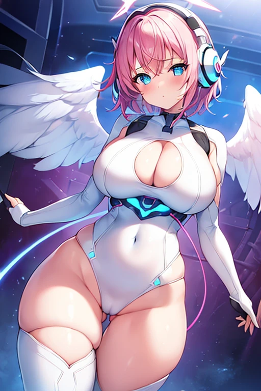 1girl, large breasts, breasts, thick thighs, wide hips, pink hair, very short hair, hair ornament, ornament, headphones, blue eyes, white bodysuit, bodysuit, futuristic, science-fiction, tech, machinery, angel wings, thigh strap, cutout, hip vent, cleavage, serious, glowing eyes, cameltoe, cowboy shot, ((cowboy shot))