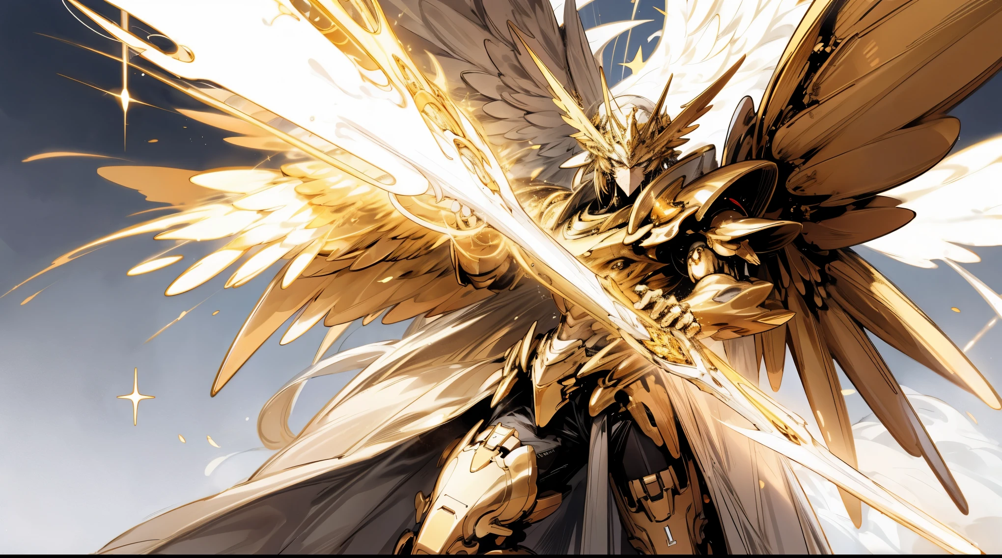 Best quality at best, A high resolution, high detal, high high quality, 16k，A huge golden mecha holding a golden scepter，Golden wings behind the back，gold aura，