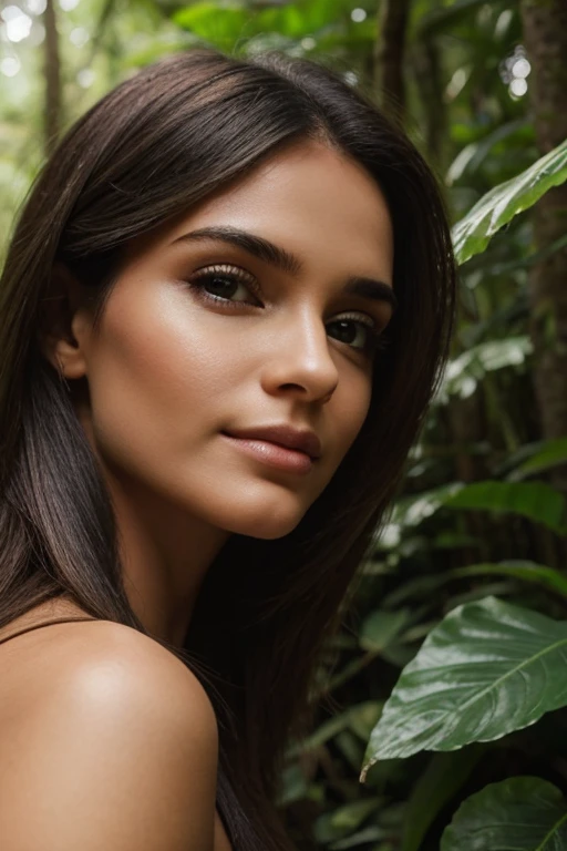 Um close-up de uma linda mulher bonita DESLUMBRANTE com mechas em cascata de cabelo escuro, Standing in a lush forest clearing, seus olhos verdes brilhando de alegria.