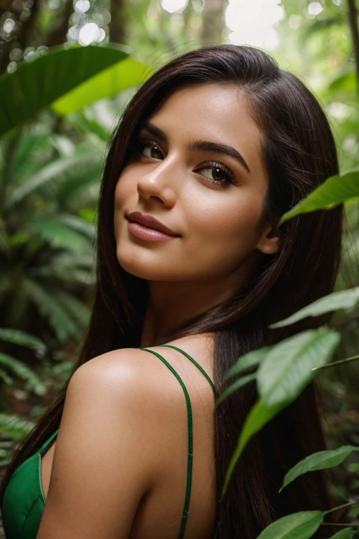 Um close-up de uma linda mulher bonita DESLUMBRANTE com mechas em cascata de cabelo escuro, Standing in a lush forest clearing, seus olhos verdes brilhando de alegria.