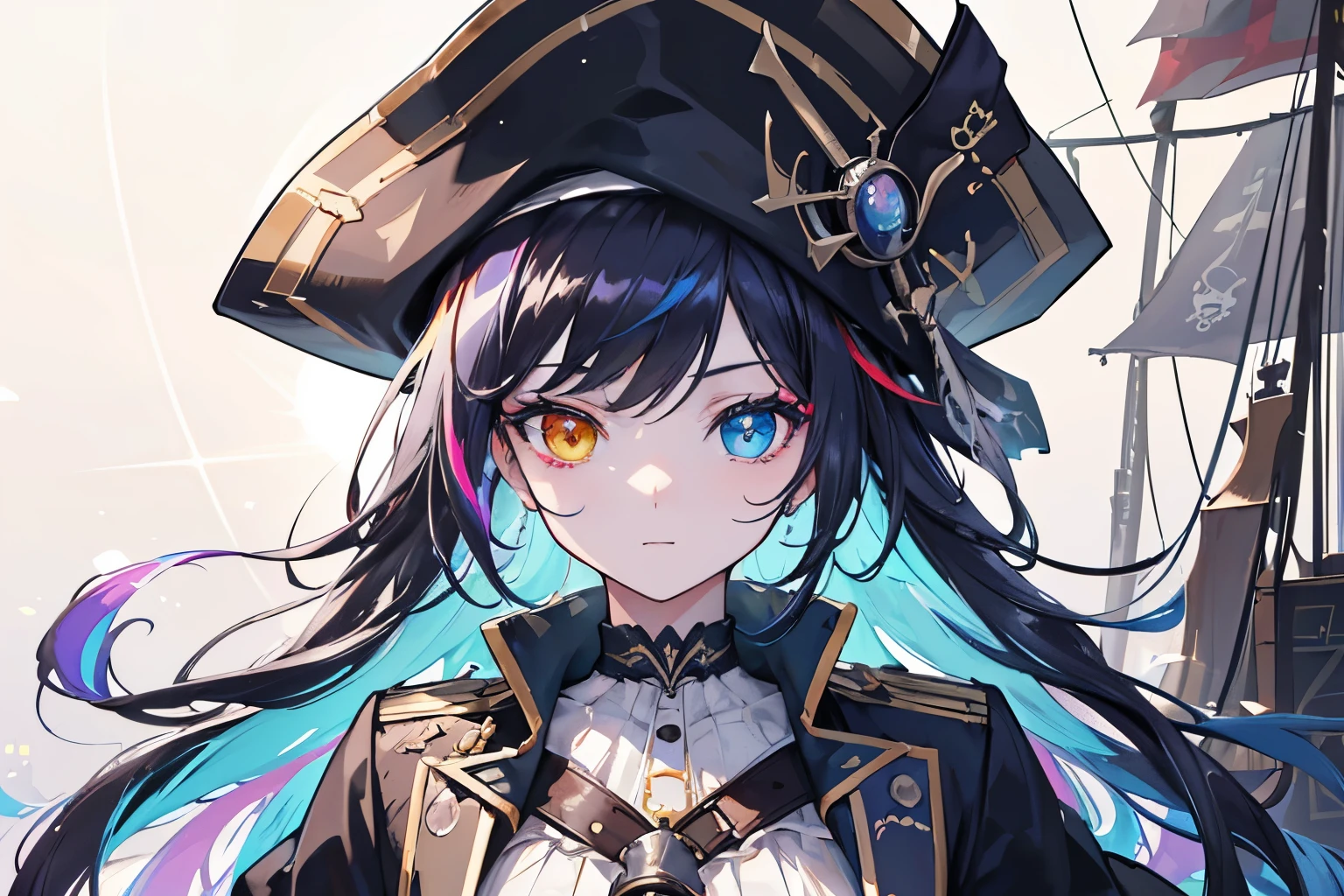 {{masterpiece}}, best quality, extremely detailed CG unity 8k wallpaper, cinematic lighting, lens flare, beautiful detail eyes, black, side glance, multicolor hair, colorful light, particles, heterochromia, (colorful:1.5), (colorful hair:1.5), girl on a pirate ship、Wearing a pirate hat