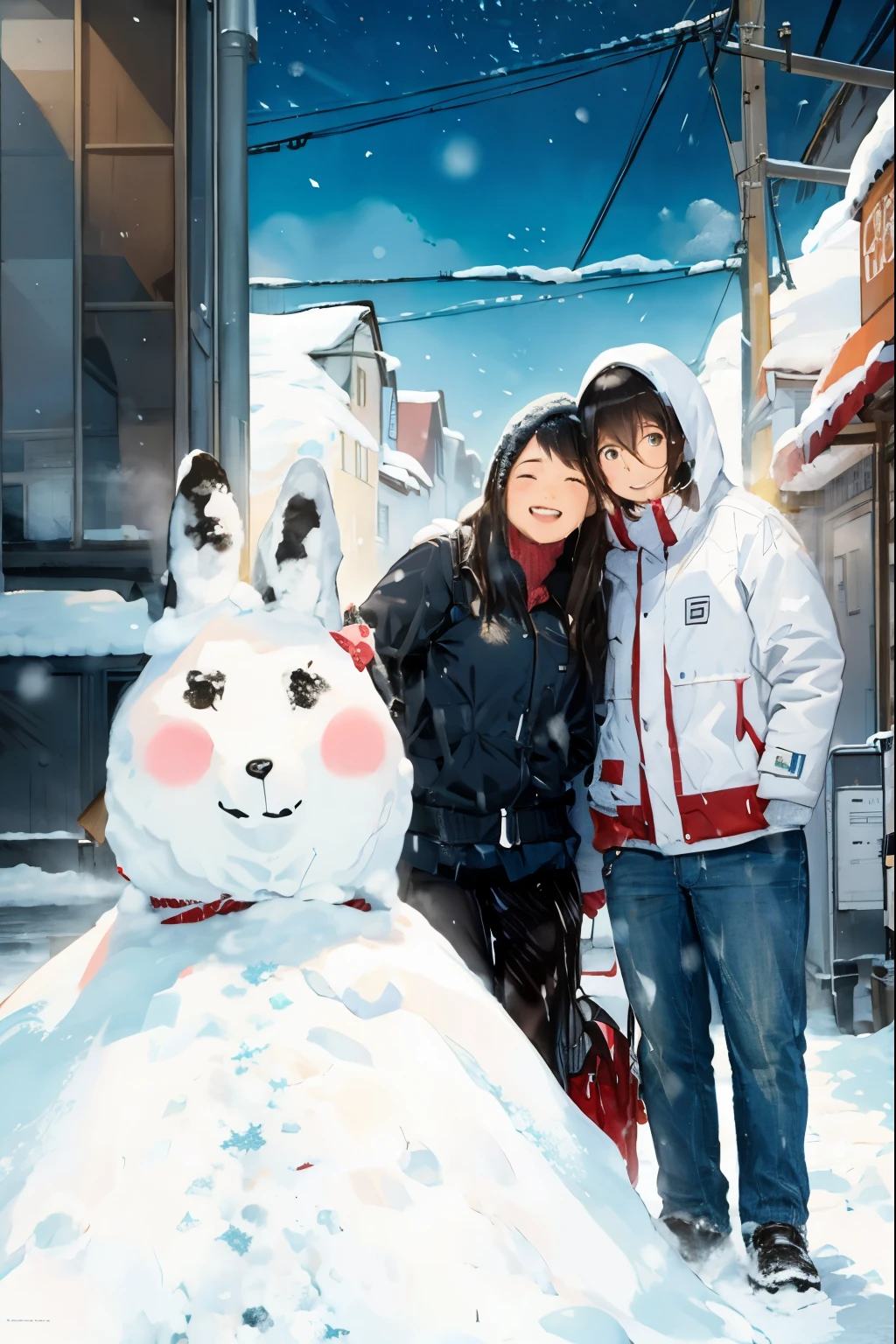 There are two people standing next to a snowman in the snow - SeaArt AI
