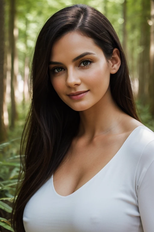(highres,best quality:1.2),(realistic:1.37),portrait,a stunning beautiful woman with cascading dark hair stands in a lush forest clearing, her emerald green eyes shining with joy.