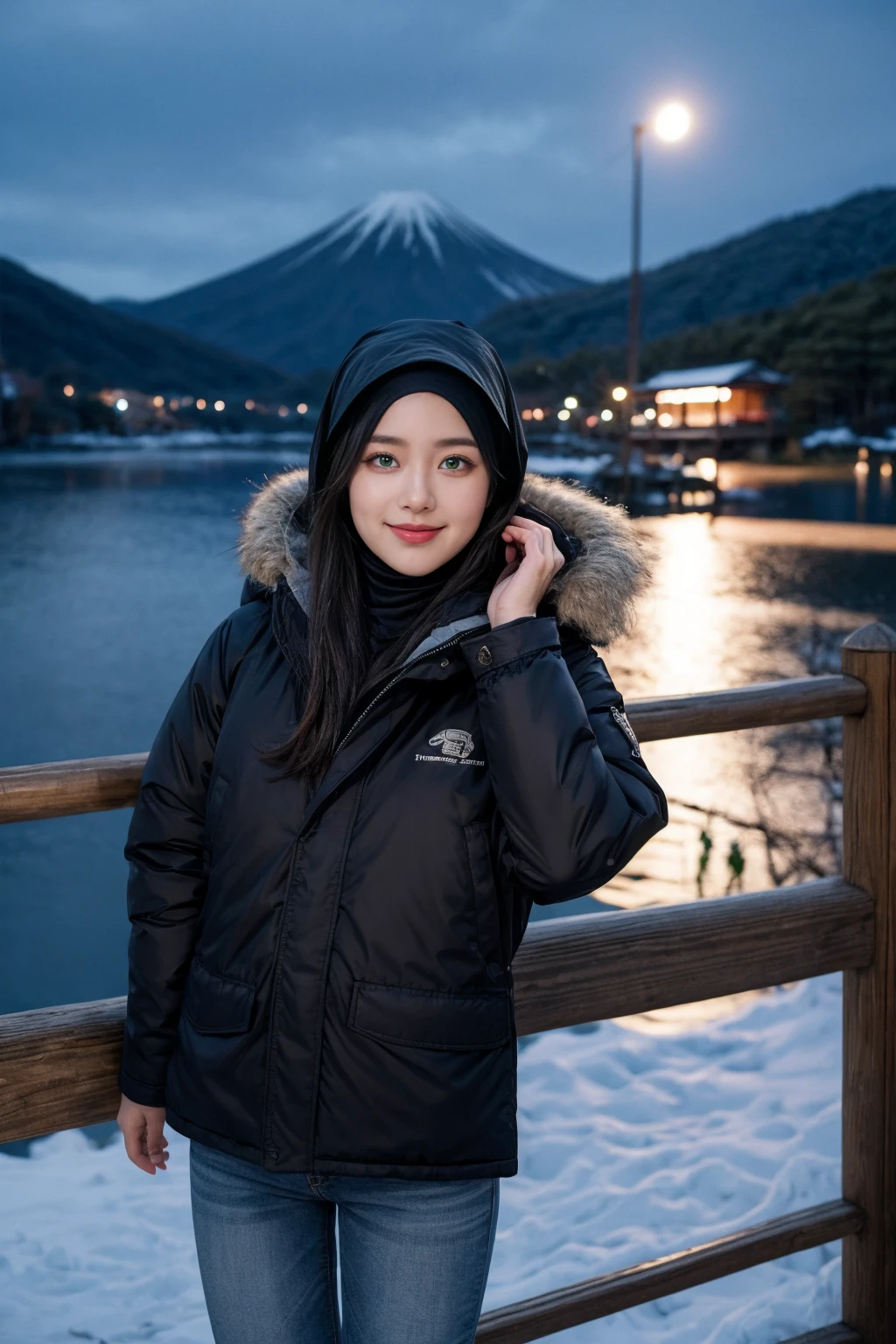 (Hijab:1.3), shy stance, smiling, very shy, ((Midnight, Best Quality, 8K, Masterpiece :1.3)), Full Body, (realistic photos of Hijab Korean female, slightly smile,expressive eyes,eye makeup, ((Lake Kawaguchiko, Japan background)) ,standing posture,confident attitude,Eye-Level Shot, slightly blurry background,UHD,masterpiece:1.2,highres,16k), long Jeans, black, (Parka-jacket:1.2), snow weather.