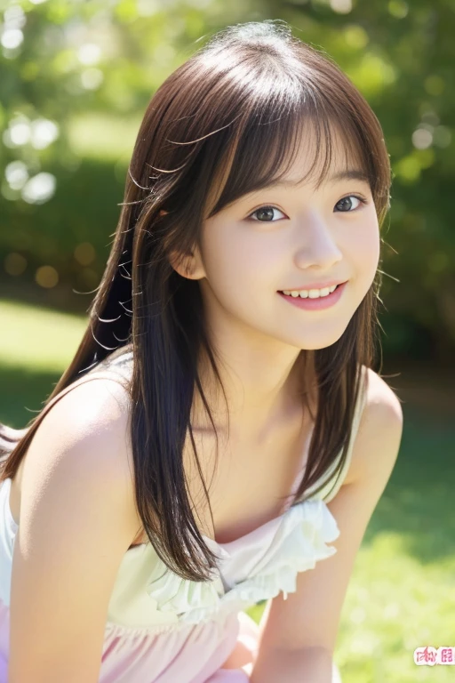 (((​masterpiece))), (One beautiful Japan girl，Pure Innocence，Innocence，kawaii) ，超A high resolution, Realistic, ultra-detailliert, 8K,top-quality, Extremely detailed, A slender,(a baby face，kawaii系,adorable 14 year old girl),(Perfect body:1.1)，Super Detailed Face、Detailed lips、A detailed eye、Photorealistic:1.37，no-makeup，small gravure idol，masutepiece, Best Quality,（small tits）top-quality、masuter piece、超A high resolution、8K、Summer sky、early summer、((Ruffled tops、a miniskirt、high-heels))、Lori、1 horny girl、Digital Enhancement、Flowing fabric、close up、(Shoulder length hair and short braids,))、wetting hair、Staring at us from the front、Soft drawing、Beautiful black hair、Clear eyes、((Teasing smile))、Clear face depiction、top-quality色、hand gesture、Landscape with nature、look up sky、Angles that can be seen up to your feet，Please show me your beautiful teeth，rosy cheeks，Poses in motion、Hair that flutters in the wind