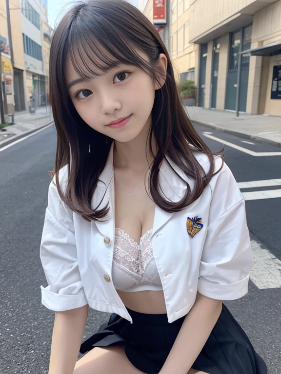 masterpiece、top-quality、ultra-detailliert、illustratio、inky、Beautiful fece詳細な顔、intricate-detail、hight resolution、Detailed light、独奏、sunlight、女の子1人、japanes、feminine、gentle face、Slimed、Small breasts、High school students、a sailor suit、summer clothing、Lace underwear under a slightly exposed jacket、a short skirt、cleavage of the breast、kindly smile、knee sox、Beautiful fece、A dark-haired、blurry backround、Pretty face、tied hair