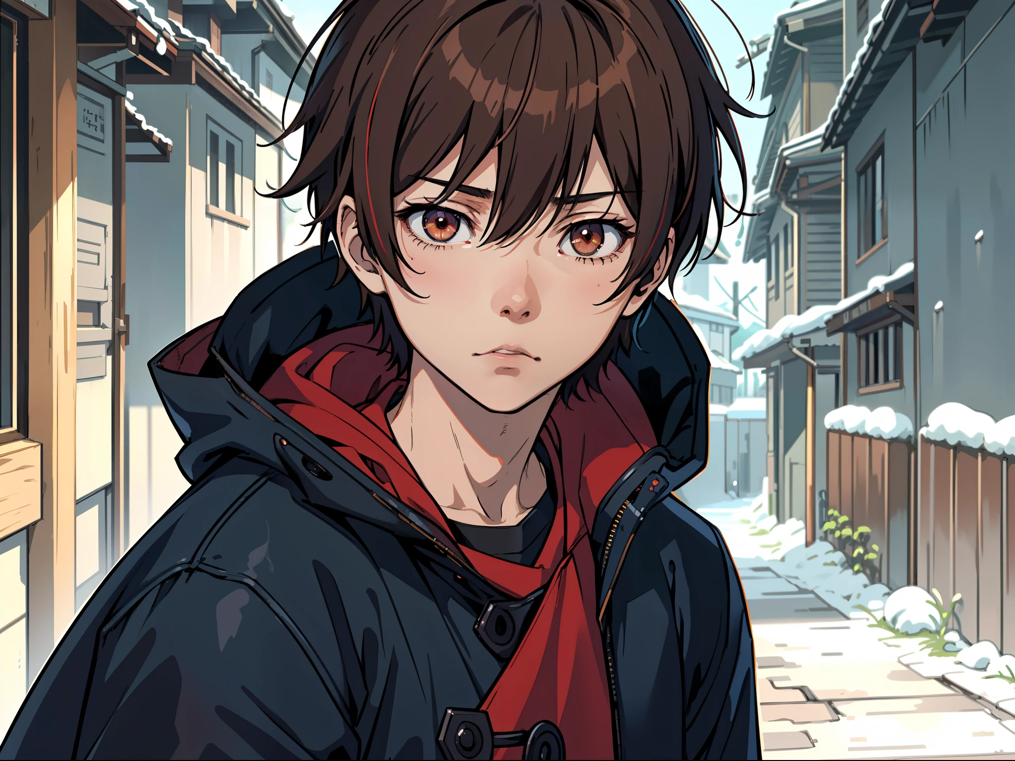 masutepiece, Best Quality, High quality, 1boy, Solo,Forcibly withdraw,yandere,eery,Cold expression,Male Focus, Looking at Viewer, upper body ,Brown eyes, Dark blue hair, parka,background is back alley,