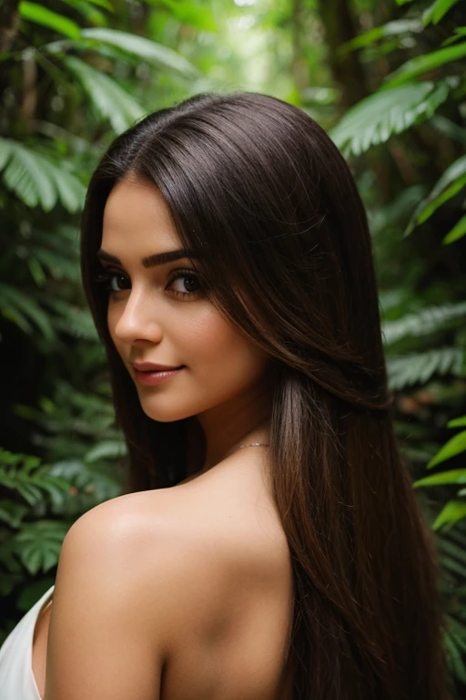 Um close-up de uma linda mulher bonita DESLUMBRANTE com mechas em cascata de cabelo escuro, Standing in a lush forest clearing, seus olhos verdes brilhando de alegria.