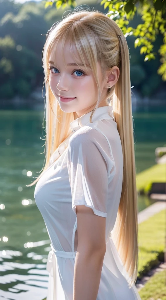 (8K), (Best Quality), (masutepiece:1.2), (Realistic), (Photorealistic:1.37), Ultra-detailed, 1girl in, Cute,((Just get out of the lake)),Smile,Beautiful detailed eyes, beautiful detailed nose, Full body, Wet hair, middlebreasts, ((Dramatic Lighting)),see through,((Wet)),((see through)),(((Pose Seductive))),(((stroking your hair with one hand)))、School Uniforms、bright expression、poneyTail、Young shiny shiny white shiny skin、Best Looks、Blonde reflected light、Platinum blonde hair with dazzling highlights、shiny light hair,、Super long silky straight hair、Beautiful bangs that shine、Glowing crystal clear attractive big blue eyes、Very beautiful nice cute girl、Lush bust,White and beautiful blouse、((Rejoice with the whole body 1.5))++、