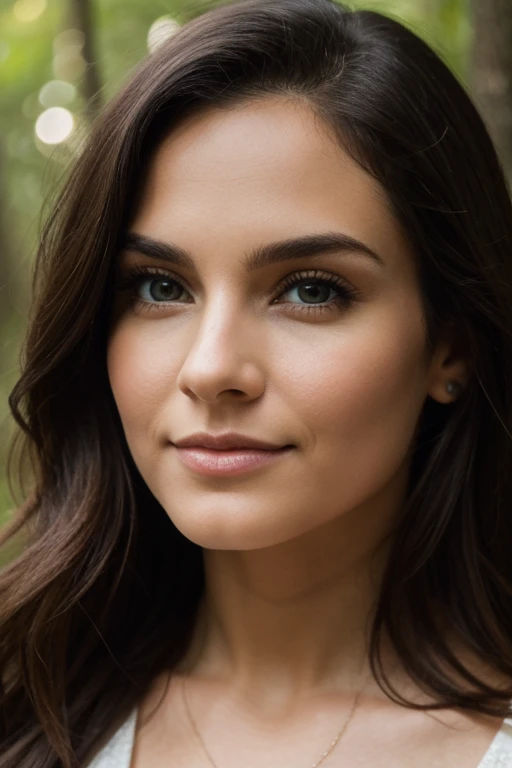 (ultra-detailed)close-up portrait of a breathtakingly beautiful woman with cascading dark hair, standing in a lush forest clearing, her (beautiful,detailed) green eyes sparkling with joy.