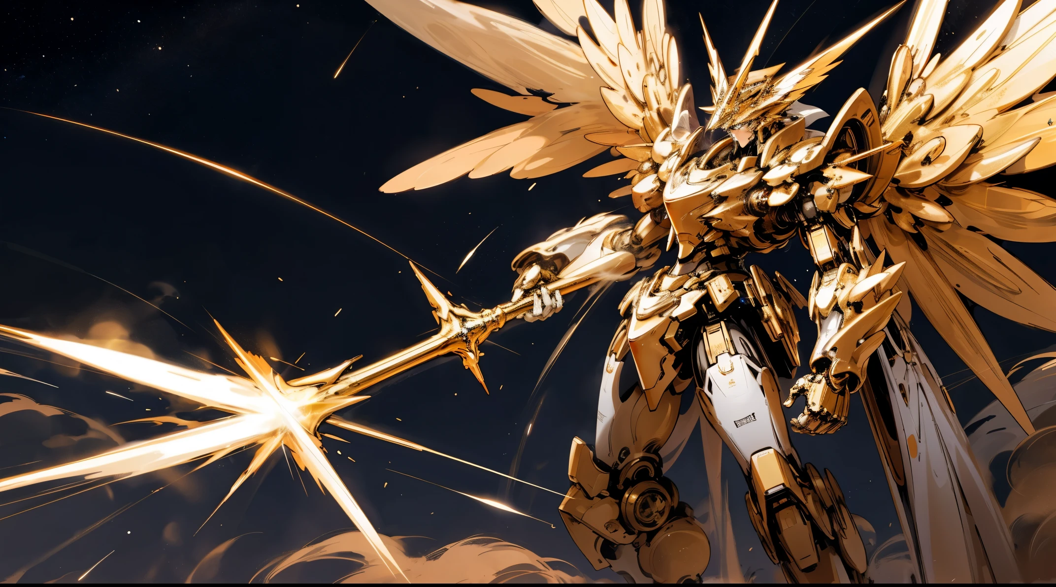 Best quality at best, A high resolution, high detal, high high quality, 16k，A huge golden mecha holding a golden scepter，Golden wings behind the back，gold aura，Four hands，shine in the night sky，Red steam