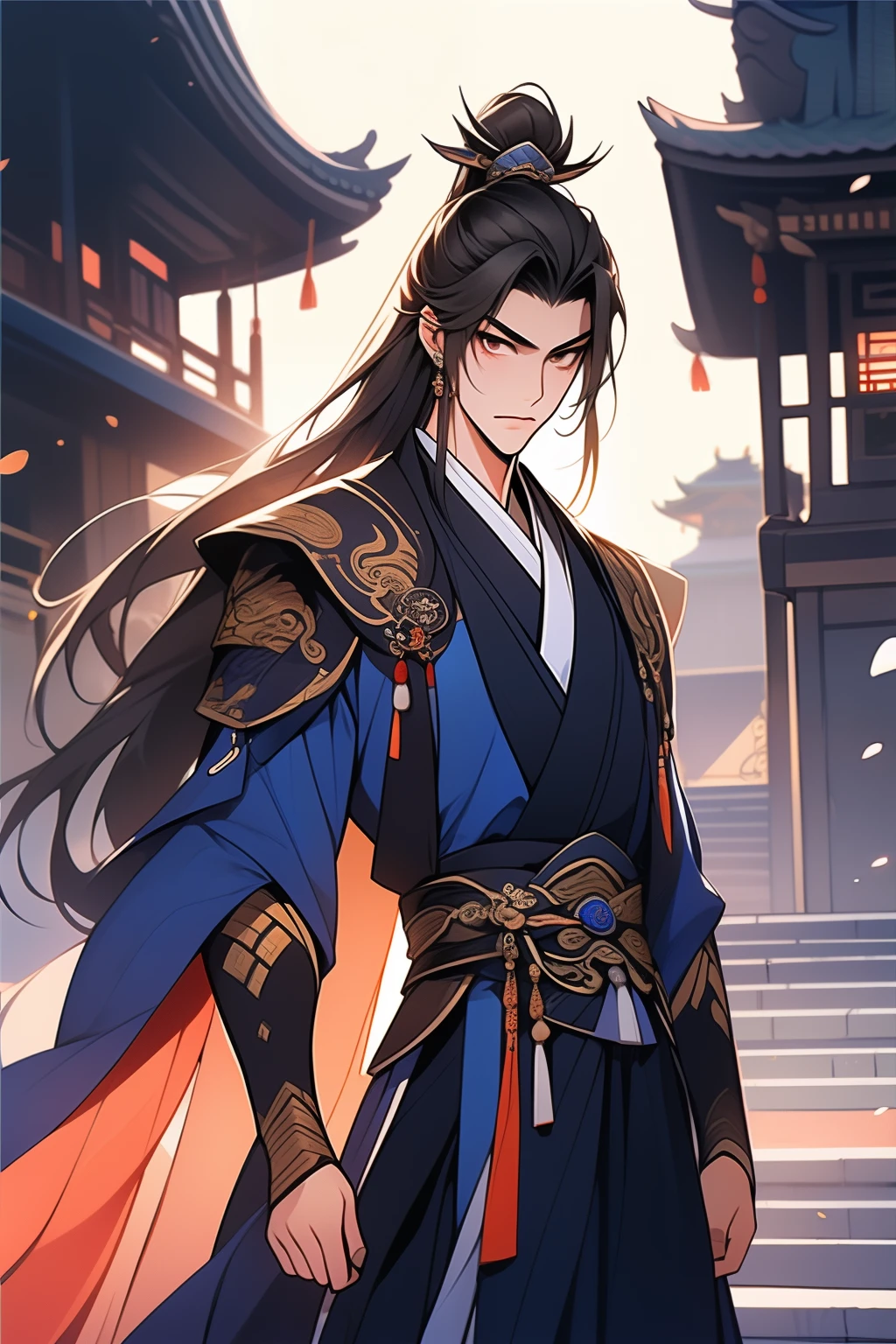 Best quality，tmasterpiece，16k,a boy holding a sword，Fighting posture，blue clothes，Hanfu，Long hair and high ponytail，natta，rays of moonlight，Asian architecture，Elaborate Eyes，scowling，worry，xianxia，Upper part of the body，