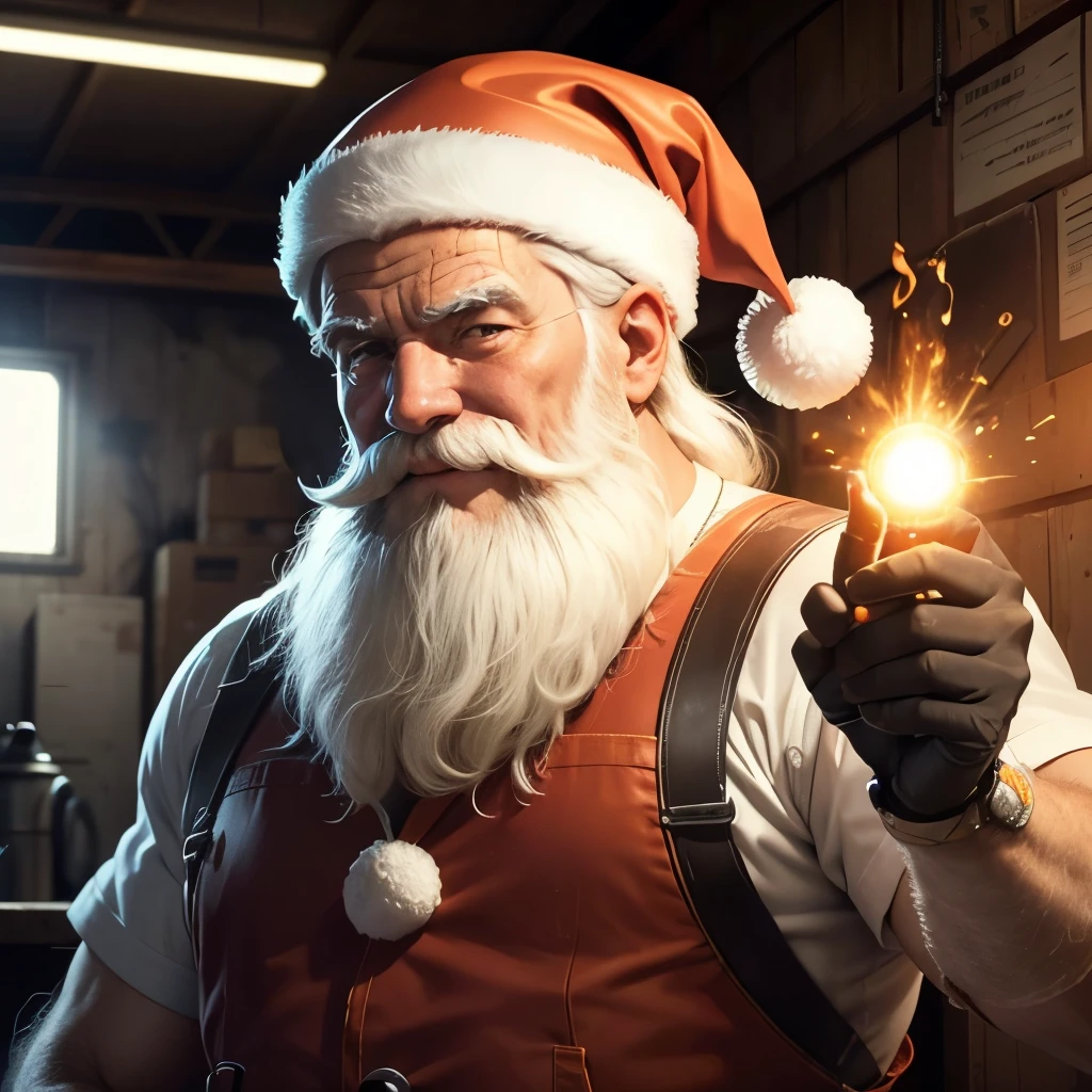 Imagine an unconventional Santa Claus, despojando-se de seus deveres habituais de distribuir presentes, e em vez disso, he is found in an unexpected location - a locksmith shop. Surprisingly at ease in this harsh, dusty environment, her warm smile offers a vivid contrast to the industrial background.
Papai Noel, com um avental de couro para se proteger das fagulhas e calor, luvas vermelhas,parece um verdadeiro ferreiro. Sua barba branca, imaculada, is meticulously tied, to avoid any accidents with machines and work in flames.
There's a forge in the corner, emanating an orange glow that casts a fantastic radiance over metallic surfaces and illuminates Santa Claus's laughing face. He holds an electrode holder firmly in one hand, enquanto com a outra, he deftly handles a piece of incandescent metal, Readily to be transformed into an artistic piece or perhaps a special toy.
The environment is filled with flying sparks characteristic of a Grinder